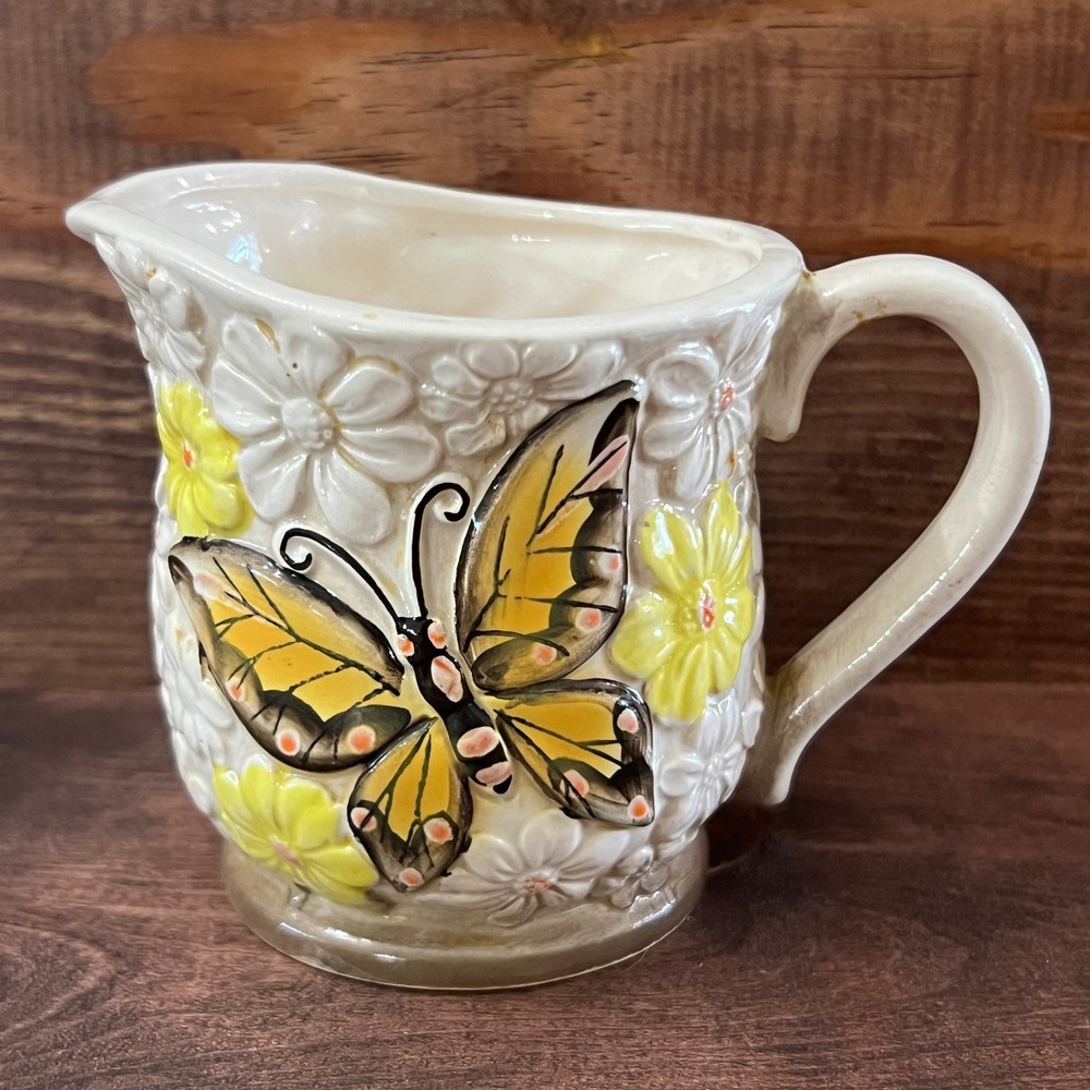 New Trends Inc Japan Vintage Butterfly Floral Ceramic Creamer Pitcher Yellow